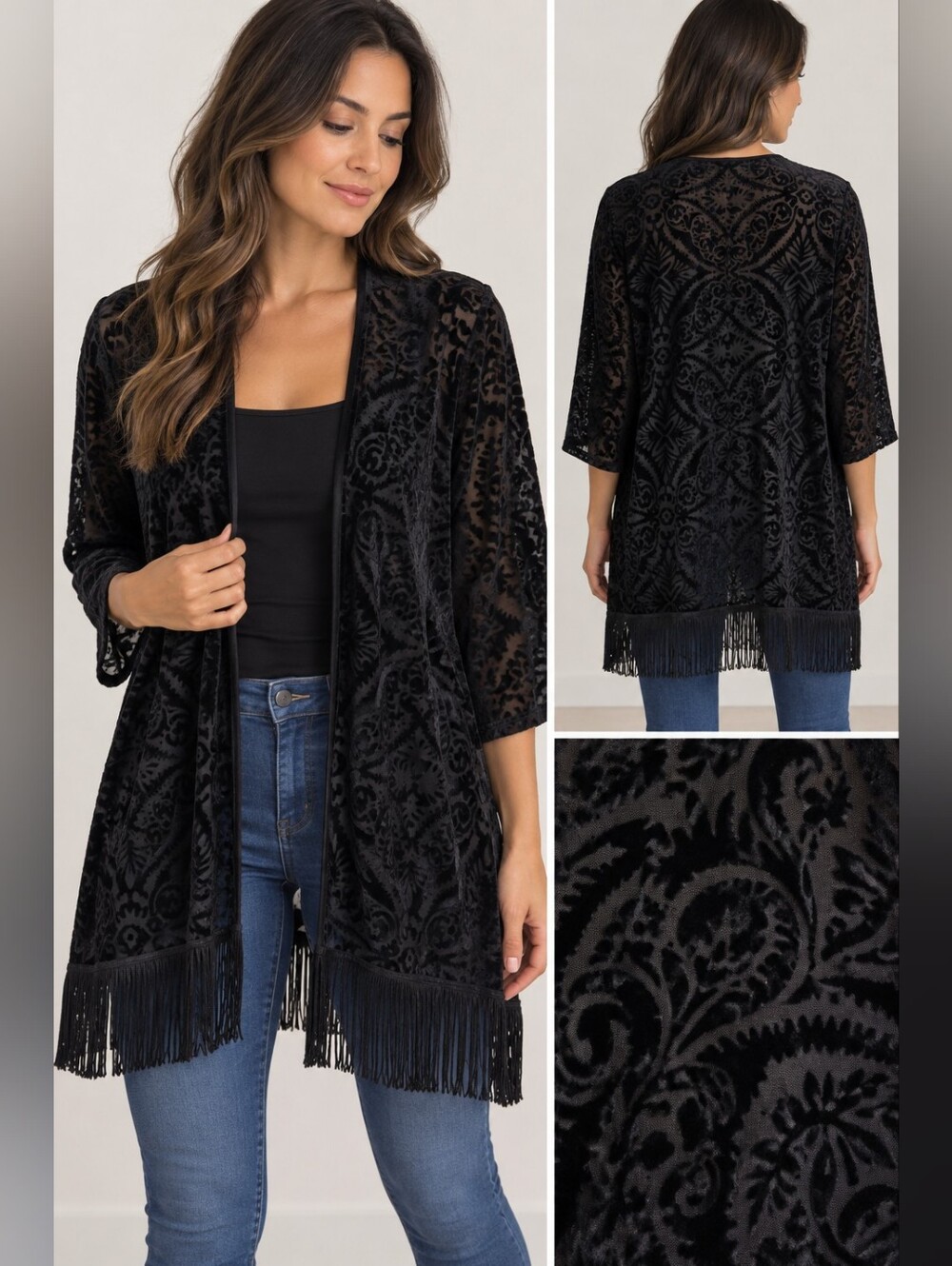 💙 Warehouse One -  Black Velvet Burnout Open Cardigan with Fringe